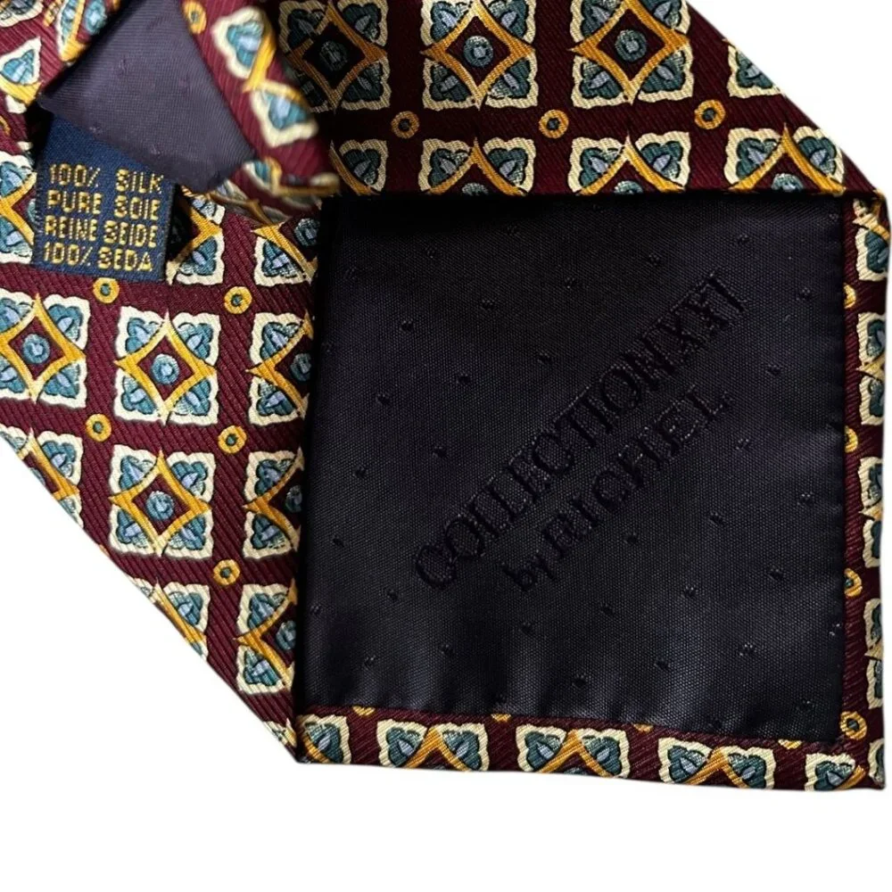 Collection XXI by Richel Men's 100% Silk Tie Burgundy Blue Yellow Geometric 90's